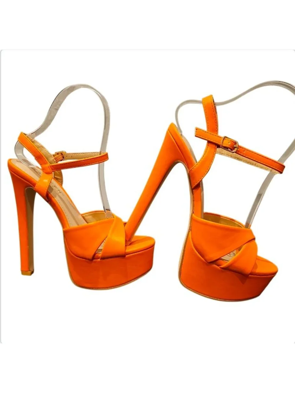 Orange Platform High Heels With Ankle Strap & Crisscross Design Womens